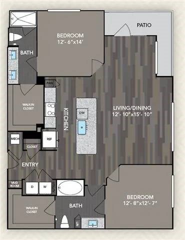 A floor plan of a house with a living area, two bedrooms, a bathroom, and a patio.