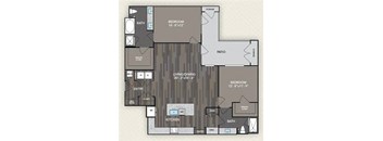 A floor plan of a home with a living room, two bedrooms, a patio, and a kitchen.
