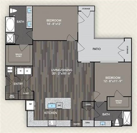 A floor plan of a home with a living room, two bedrooms, a patio, and a kitchen.