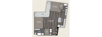 A floor plan of a house with a living room, two bedrooms, a patio, a storage area, a bathroom, and a kitchen.