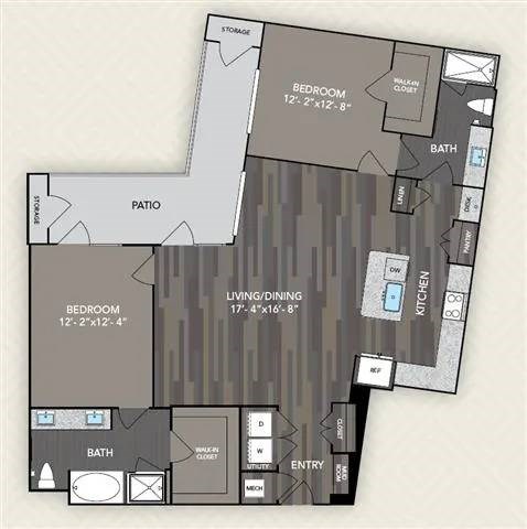 A floor plan of a house with a living room, two bedrooms, a patio, a storage area, a bathroom, and a kitchen.