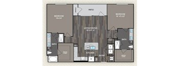 A floor plan of a house with two bedrooms, a living/dining area, a kitchen, a bath, and a patio.