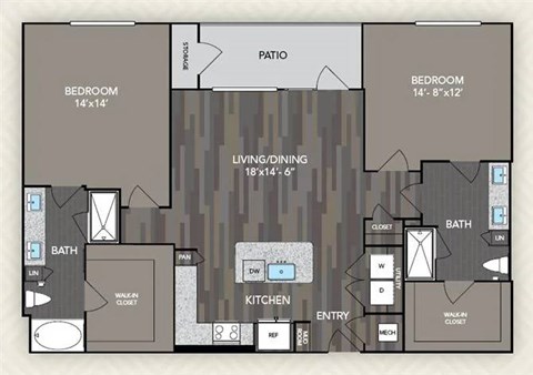 A floor plan of a house with two bedrooms, a living/dining area, a kitchen, a bath, and a patio.