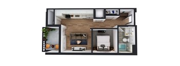 A top-down view of a modern apartment layout.