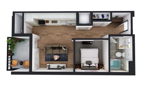 A top-down view of a modern apartment layout.