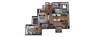 A top-down view of a multi-level home interior layout.