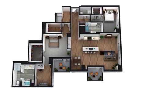 A top-down view of a multi-level home interior layout.