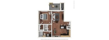 A floor plan of a small apartment with a kitchen, living room, and bedroom.