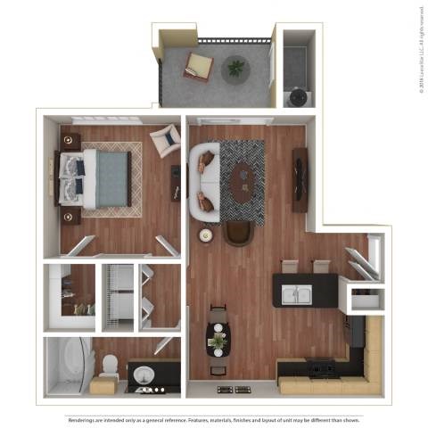 A floor plan of a small apartment with a kitchen, living room, and bedroom.