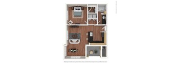 A floor plan of a two-bedroom apartment with a living room, kitchen, and bathroom.