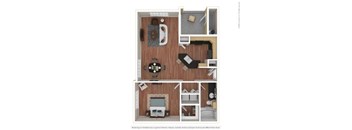 A floor plan of a small apartment with a kitchen, living room, and bedroom.