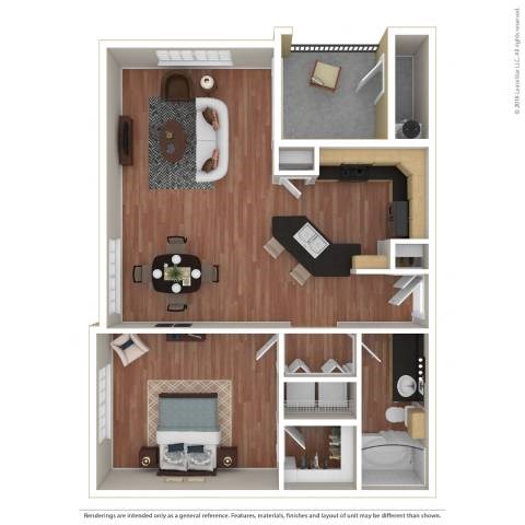 A floor plan of a small apartment with a kitchen, living room, and bedroom.