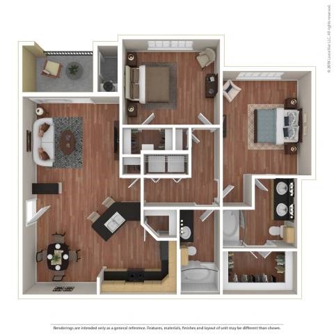 A detailed 3D floor plan of a house layout.