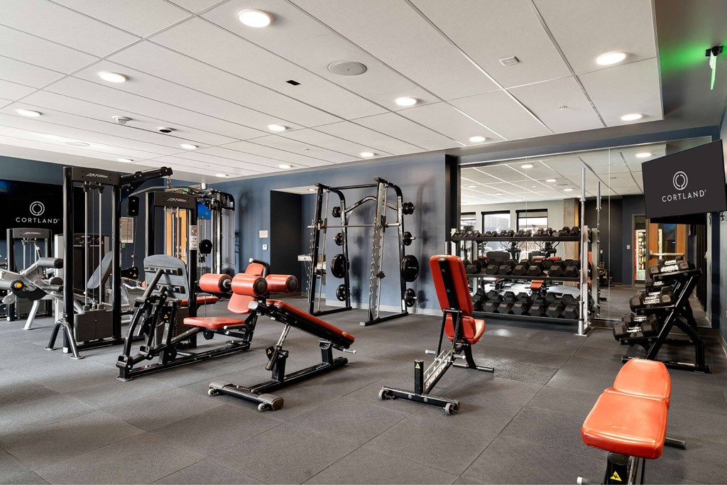 A gym with a variety of equipment including weights and benches.
