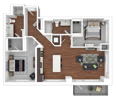 A 3D floor plan of a house with a kitchen, living room, and bedrooms.