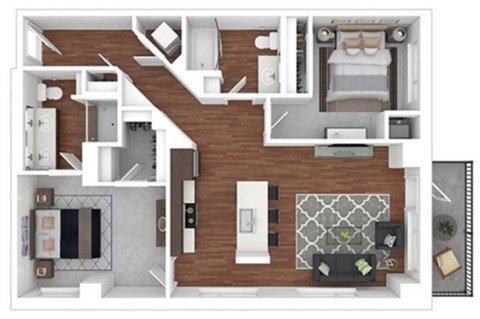 A top-down view of a house layout with a kitchen, living room, and bedrooms.