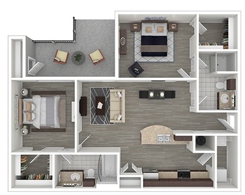 A detailed 3D floor plan of a small apartment layout.