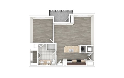 A floor plan of a small apartment with a kitchen, living room, and bathroom.