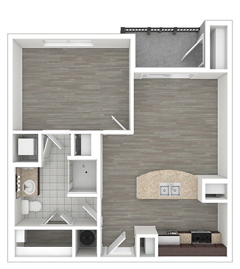A 3D floor plan of a small apartment with a kitchen, living room, and bathroom.
