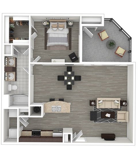 A top-down view of a modern apartment layout with a bedroom, living room, and kitchen.