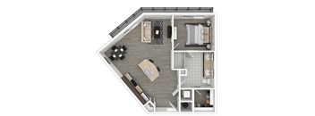 A top-down view of a house interior with a kitchen, living room, and bathroom.