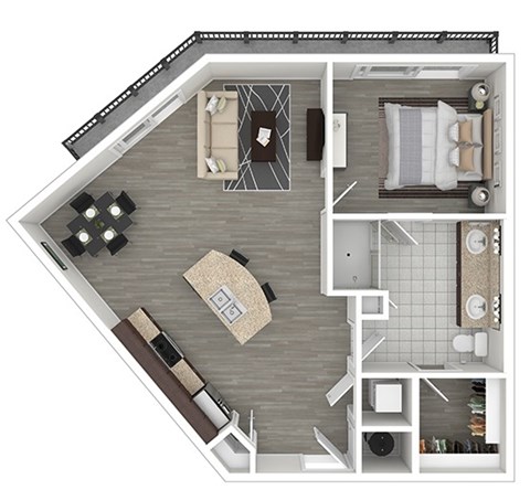 A top-down view of a house interior with a kitchen, living room, and bathroom.
