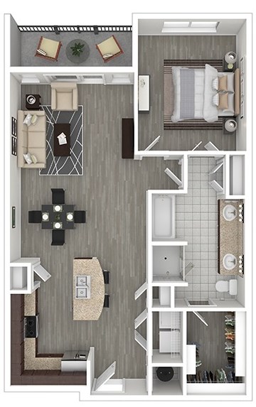 A floor plan of a small apartment with a kitchen, living room, and bathroom.
