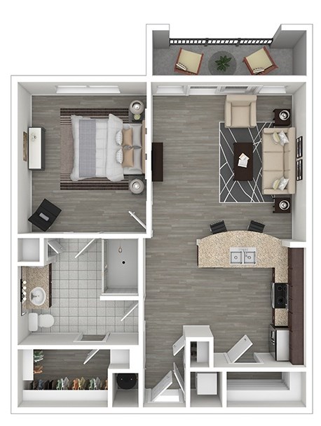 A 3D floor plan of a small apartment with a kitchen, living room, and bathroom.