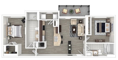 A floor plan of a house with a kitchen, living room, dining room, and two bedrooms.