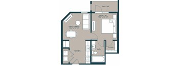 A floor plan of a small apartment with a living area, kitchen, bathroom, and bedroom.
