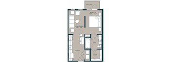 A floor plan of a small apartment with a living room, dining room, kitchen, bathroom, and bedroom.