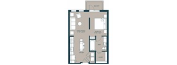 A floor plan of an apartment with a living room, dining room, kitchen, bathroom, and bedroom.