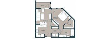 A floor plan of a house with a balcony, living/dining area, kitchen, bath, and bedroom.