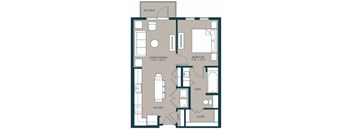 A floor plan of an apartment with a living area, kitchen, bathroom, and closet.