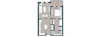 A floor plan of a house with a balcony, two bedrooms, a living/dining area, a kitchen, a bath, and a closet.