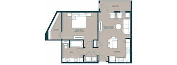 A floor plan of a house with a closet, bath, bedroom, living/dining area, kitchen, and balcony.