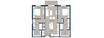 A floor plan of a two-bedroom apartment with a living area, kitchen, and bathrooms.