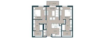 A floor plan of a house with a balcony, living room, dining room, kitchen, two bedrooms, two bathrooms, and two closets.