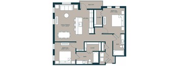 A floor plan of a house with a balcony, two bedrooms, a living/dining area, a kitchen, a bath, and a closet.