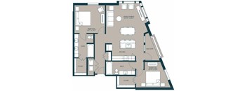 A floor plan of a house with a living/dining area, two bedrooms, a kitchen, two bathrooms, and two closets.