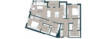 A floor plan of a house with two bedrooms, a living area, a kitchen, a bathroom, and a closet.