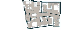 A floor plan of a house with a living room, kitchen, dining room, bedroom, bathroom, laundry room, and balcony.