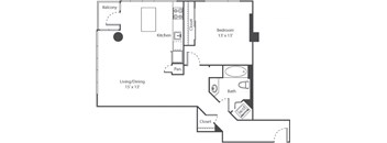 A floor plan of a small apartment with a living room, kitchen, and bedroom.