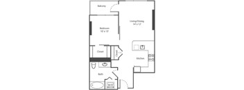 A floor plan of an apartment with a living/dining area, kitchen, bathroom, and bedroom.