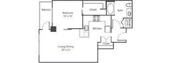 A black and white image of a floor plan for a small apartment.