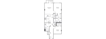 A floor plan of a house with a living room, two bedrooms, a kitchen, and a bathroom.