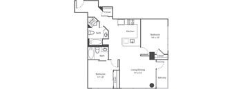 A black and white image of a floor plan for a small apartment.