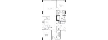 A floor plan of a small apartment with a living/dining area, kitchen, and two bedrooms.