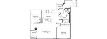 A floor plan of a home with a living/dining area, kitchen, two bedrooms, a bathroom, and a balcony.