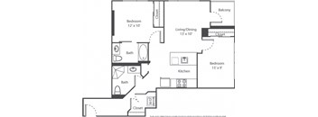 A floor plan of a home with a living room, two bedrooms, a bathroom, and a kitchen.